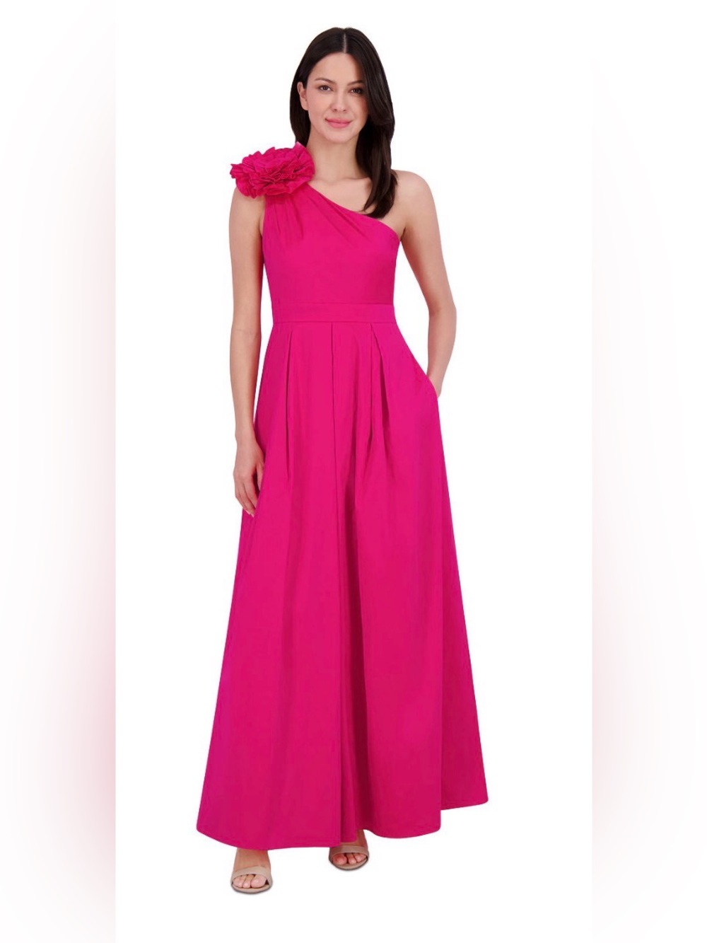 ELIZA J Women's Asymmetric Pink Rosette One-Shoulder Gown. Size 8. NWT.